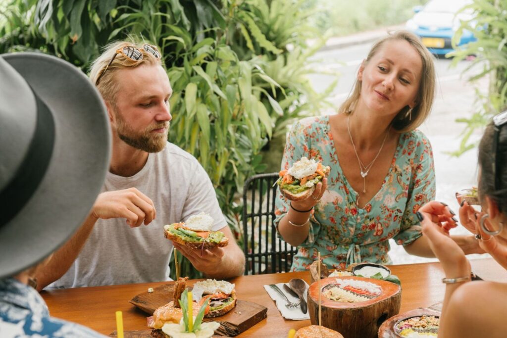 Friends sharing brunch at a garden café