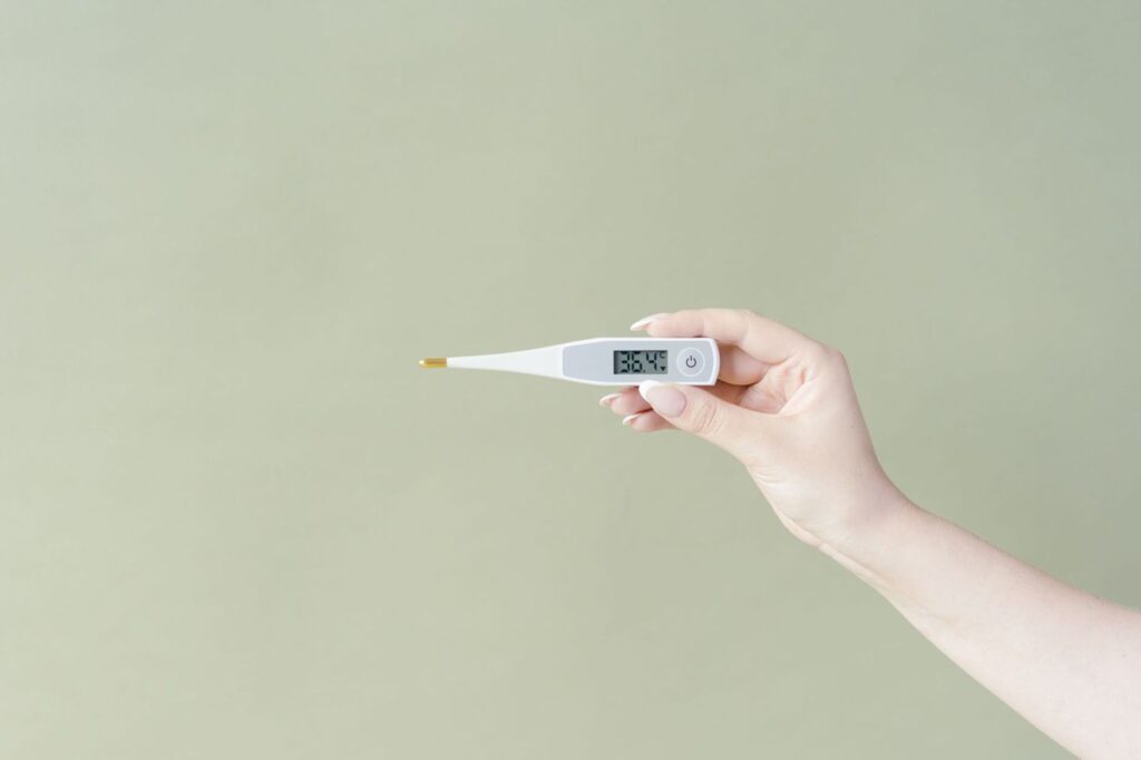 A hand holding a digital thermometer
