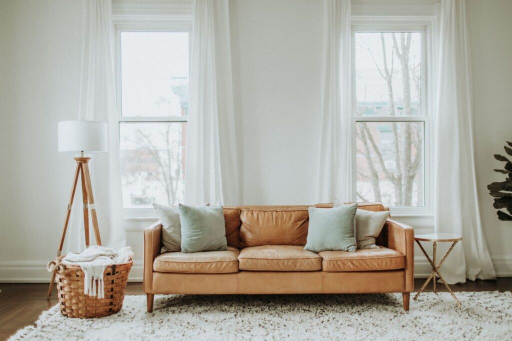 A bright living room with a comfortable sofa