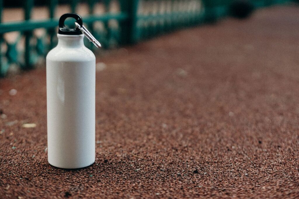 A reusable metal water bottle