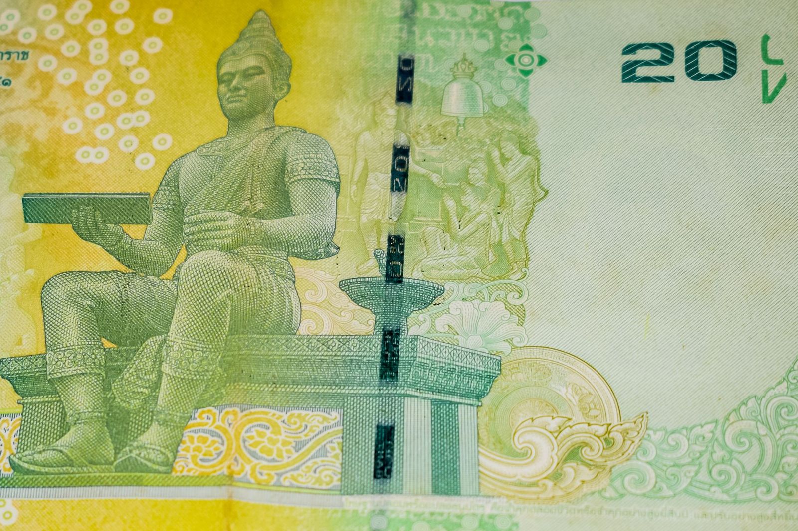 Close-up of a Thai 20-baht banknote