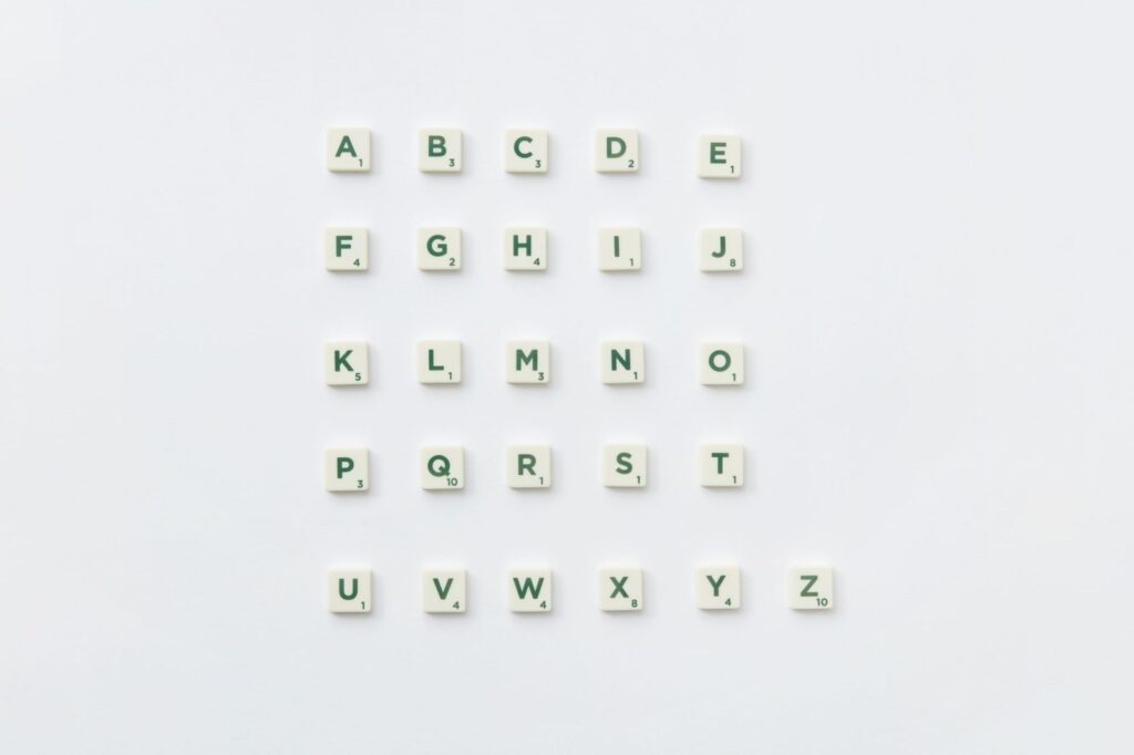 Letter tiles laid out in rows
