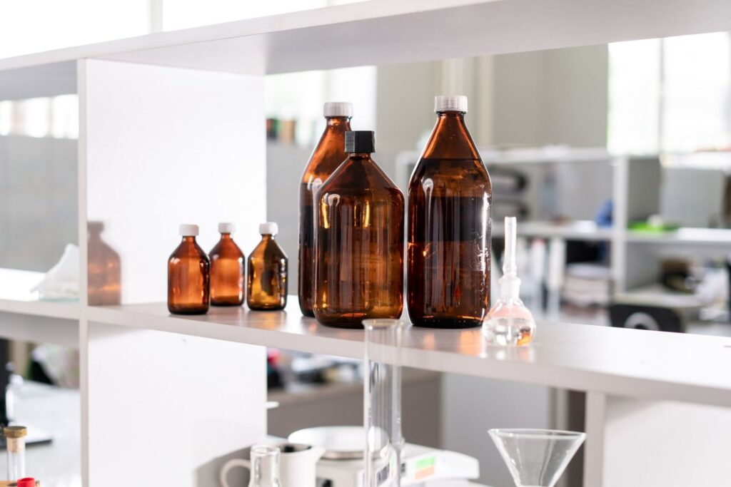 Bottles on a clinic shelf