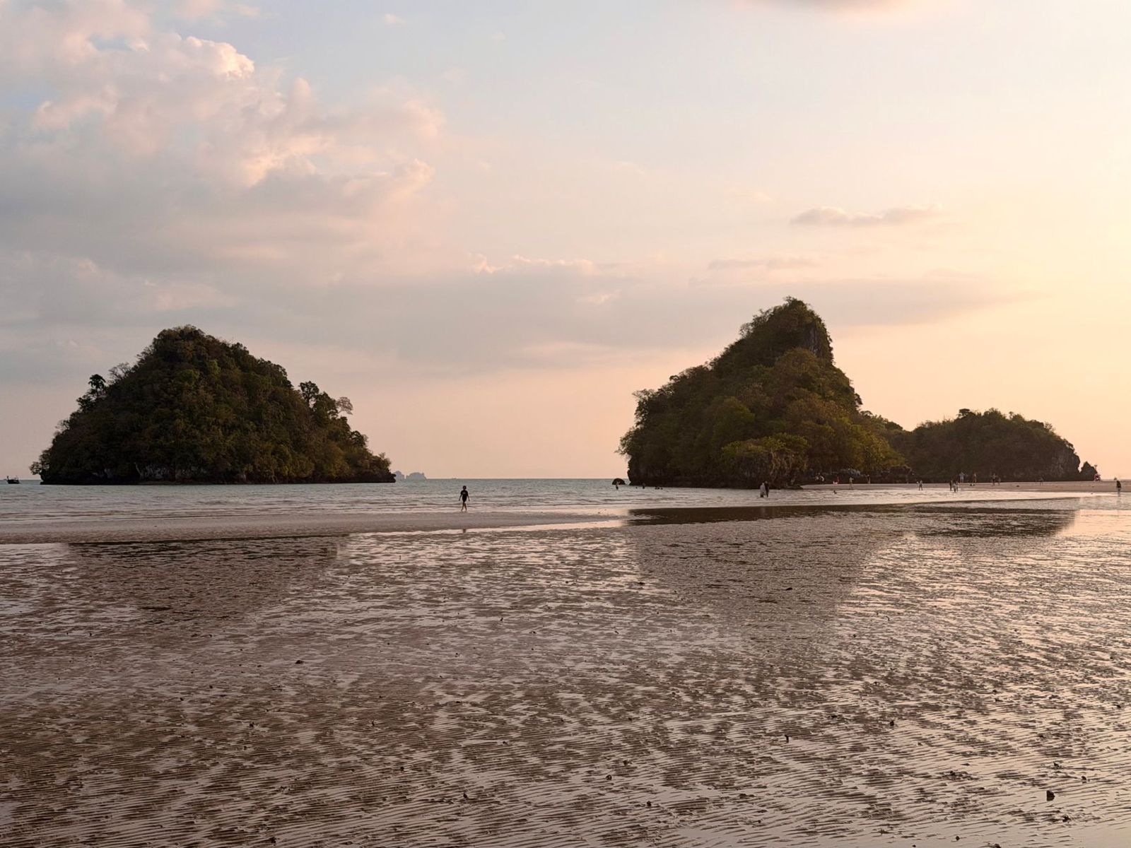 Low tide at sunset near Ao Nang, Krabi, with limestone islets offshore