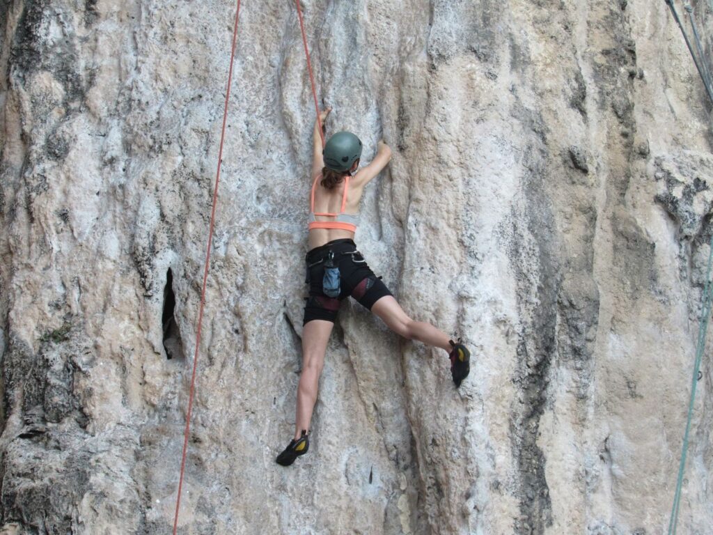 A climber on a limestone wall with ropes
