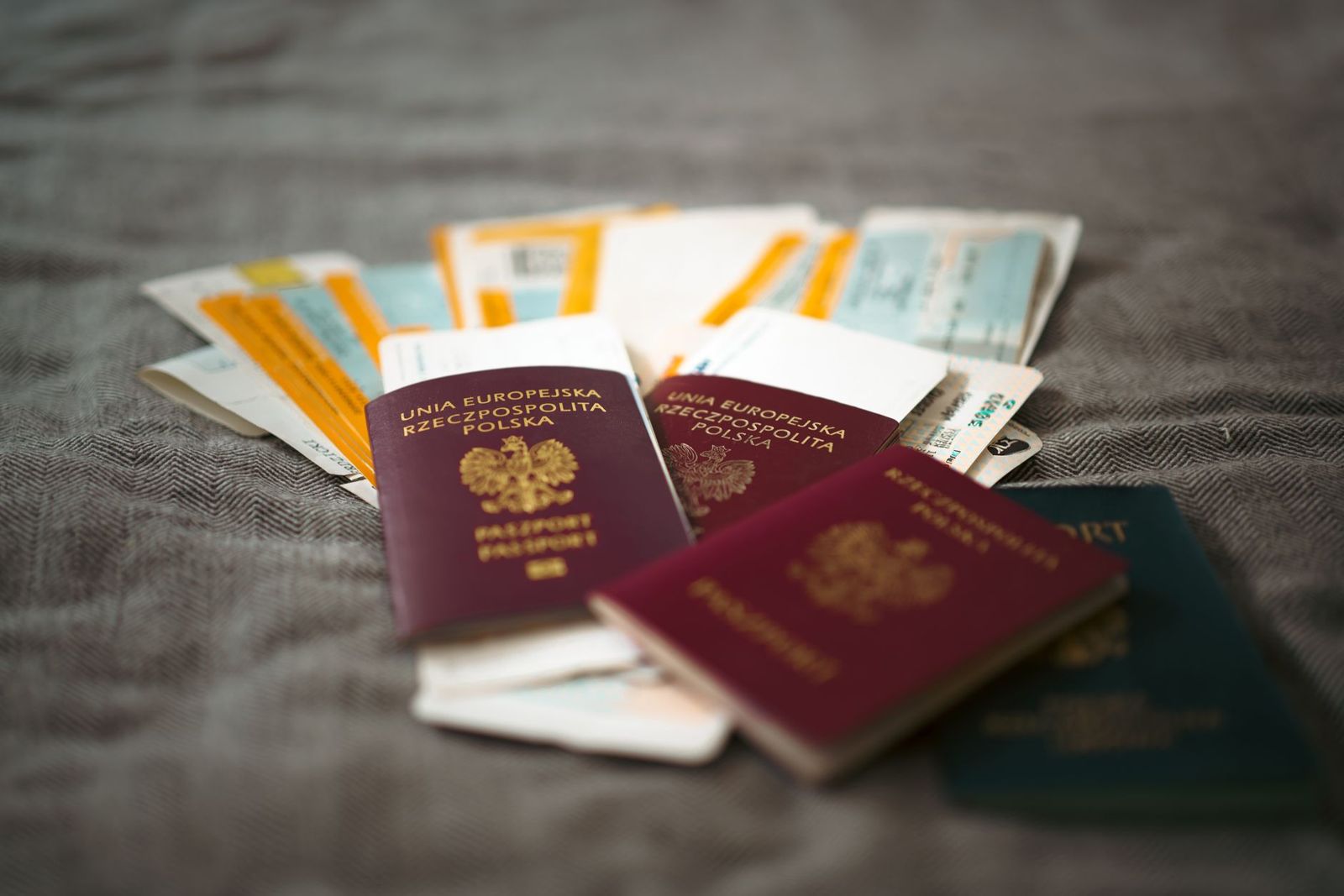 Passports and travel documents laid out before a trip