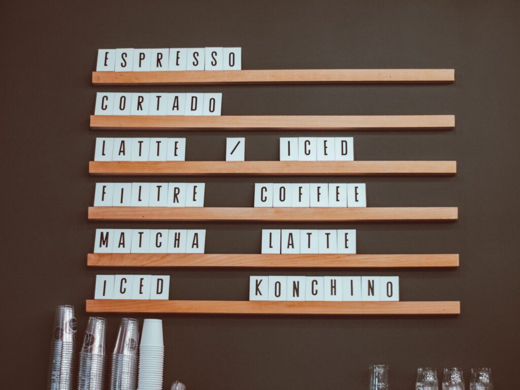 A letter-board menu on a wall